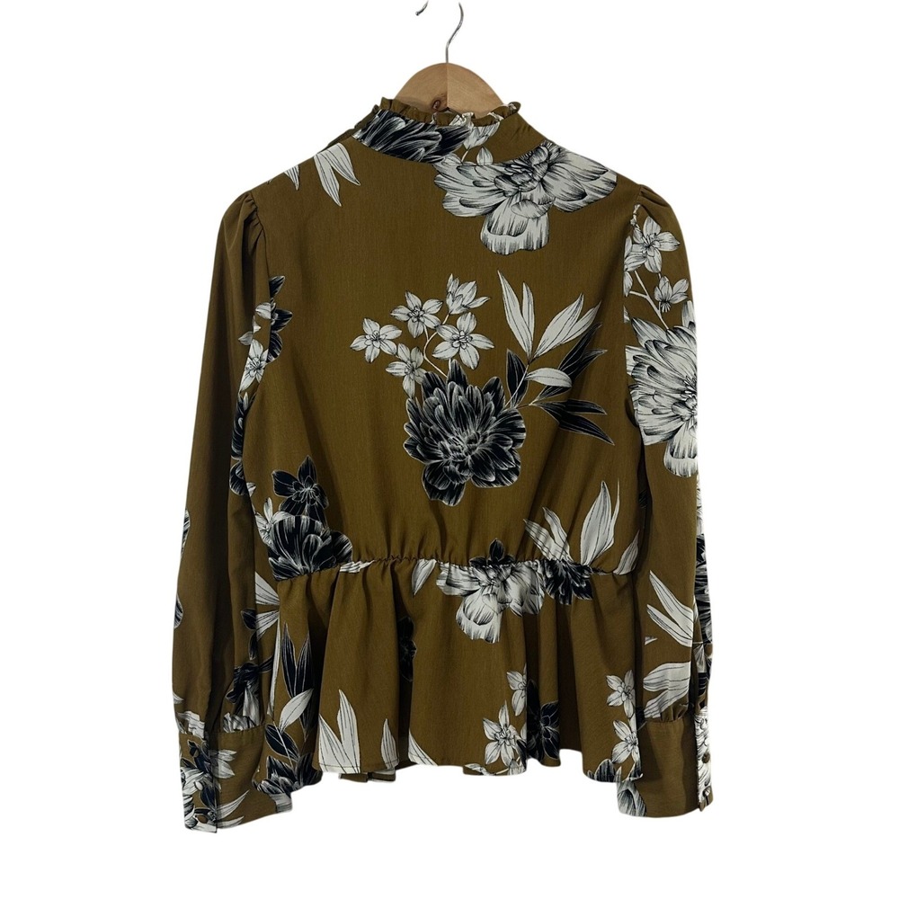 Who What Wear Womens Floral Mock Neck Peplum Blouse Mustard Yellow Black Size M - Picture 3 of 8